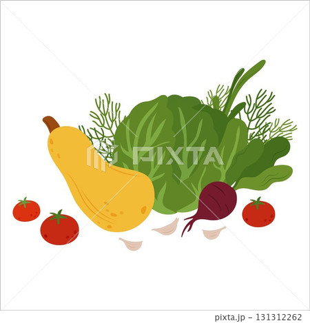 Simple flat vegetables composition. Healthy food 131312262