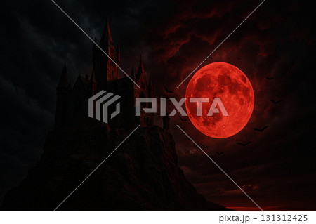 Red full moon glowing in a dark night sky with eerie atmosphere and sinister Halloween theme. 131312425