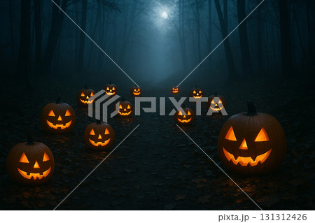 Group of carved glowing jackolantern pumpkins illuminating a foggy dark forest pathway. 131312426
