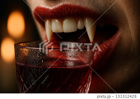 Vampire mouth with sharp fangs and blood detail emphasizing horror Halloween theme. 131312428