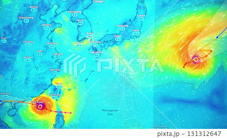 Computer screen showing Typhoons Ragasa or Nando and Neoguri over the Pacific Ocean near Hong Kong, Taiwan, and Japan, with wind patterns and storm tracks Computer screen showing Typhoons Ragasa or Nando and Neoguri over the Pacific Ocean near Hong Kong, Taiwan, and Japan, with wind patterns and storm tracks 131312647