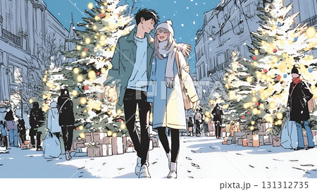 クリスマスイルミネーションの街でデートしているカップル