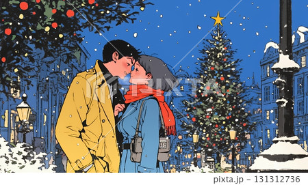 クリスマスイルミネーションの街でデートしているカップル