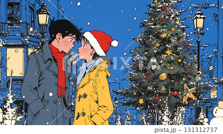 クリスマスイルミネーションの街でデートしているカップル