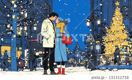 クリスマスイルミネーションの街でデートしているカップル