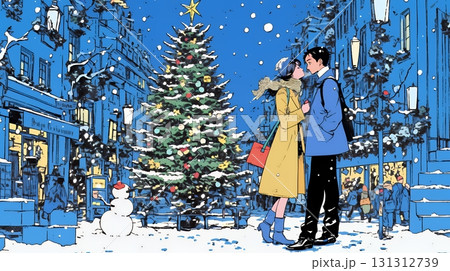 クリスマスイルミネーションの街でデートしているカップル