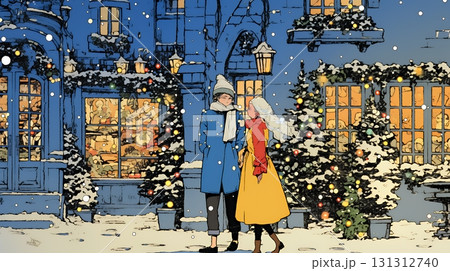 クリスマスイルミネーションの街でデートしているカップル 131312740