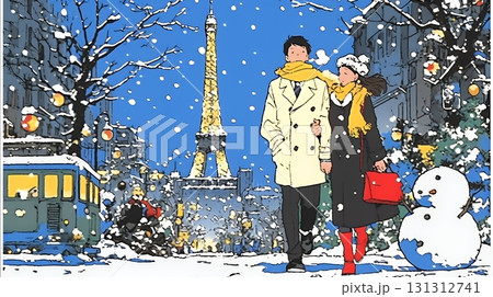 クリスマスイルミネーションの街でデートしているカップル