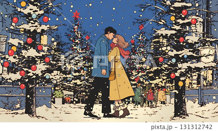 クリスマスイルミネーションの街でデートしているカップル