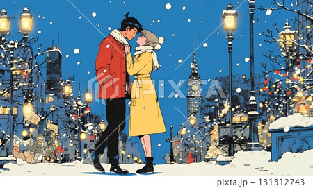 クリスマスイルミネーションの街でデートしているカップル