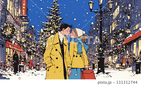 クリスマスイルミネーションの街でデートしているカップル