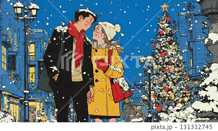 クリスマスイルミネーションの街でデートしているカップル