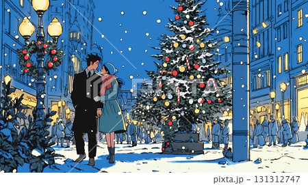 クリスマスイルミネーションの街でデートしているカップル