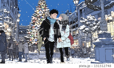 クリスマスイルミネーションの街でデートしているカップル 131312748