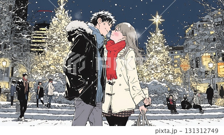 クリスマスイルミネーションの街でデートしているカップル