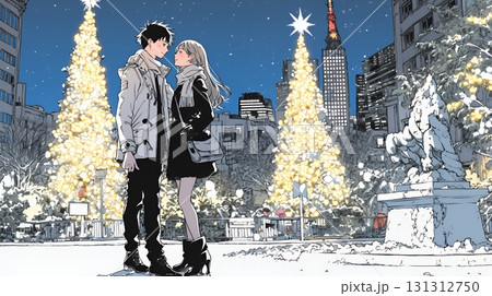 クリスマスイルミネーションの街でデートしているカップル