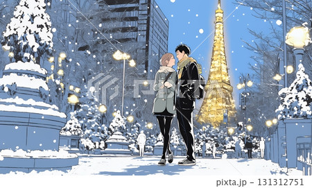 クリスマスイルミネーションの街でデートしているカップル