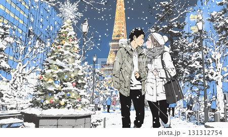 クリスマスイルミネーションの街でデートしているカップル