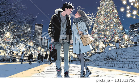 クリスマスイルミネーションの街でデートしているカップル