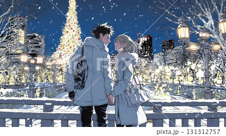クリスマスイルミネーションの街でデートしているカップル 131312757