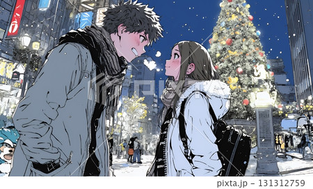 クリスマスイルミネーションの街でデートしているカップル