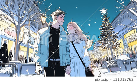 クリスマスイルミネーションの街でデートしているカップル