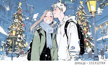 クリスマスイルミネーションの街でデートしているカップル