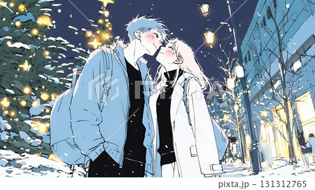 クリスマスイルミネーションの街でデートしているカップル