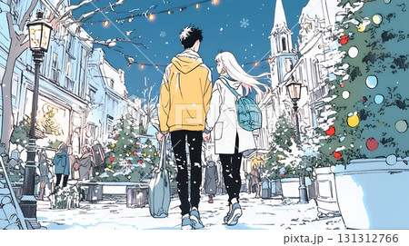 クリスマスイルミネーションの街でデートしているカップル