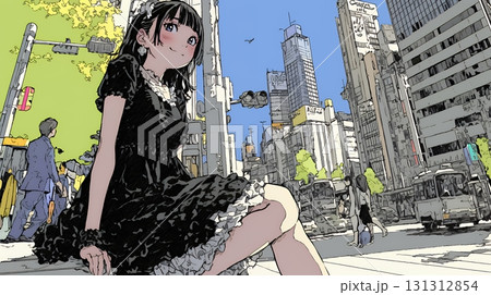 ハロウィン：ゴシックロリータファッションで町を歩く若い女性