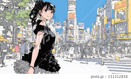 ハロウィン：ゴシックロリータファッションで町を歩く若い女性