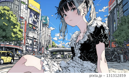 ハロウィン：ゴシックロリータファッションで町を歩く若い女性