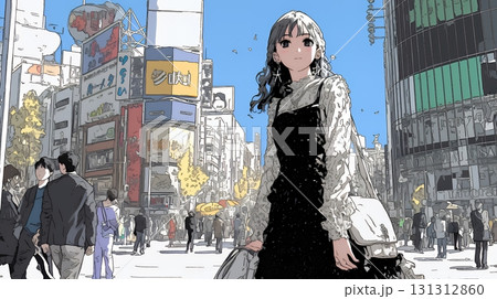 ハロウィン：ゴシックロリータファッションで町を歩く若い女性