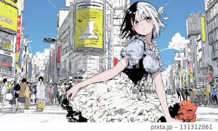 ハロウィン：ゴシックロリータファッションで町を歩く若い女性