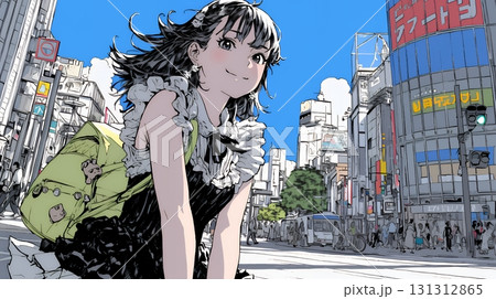 ハロウィン：ゴシックロリータファッションで町を歩く若い女性