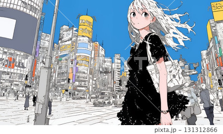 ハロウィン：ゴシックロリータファッションで町を歩く若い女性