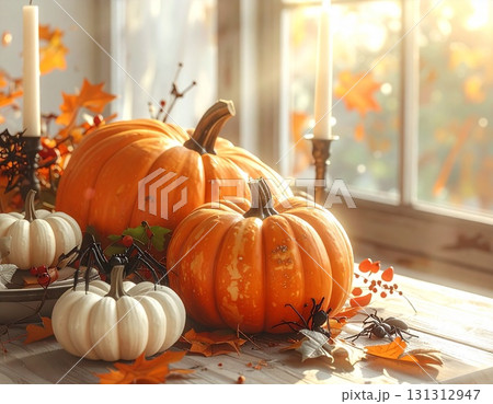 窓辺のハロウィンかぼちゃとクモ 131312947