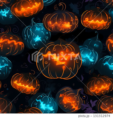 ハロウィン背景 オレンジと青に光るカボチャのシームレスパターン ハロウィン背景 オレンジと青に光るカボチャのシームレスパターン 131312974