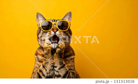 カラフルな背景とサングラスをかけた驚いた猫 生成AI カラフルな背景とサングラスをかけた驚いた猫 生成AI 131313016