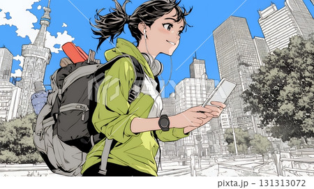 スマホの地図アプルを頼りに目的地に向かって歩いている女性：歩きスマホ