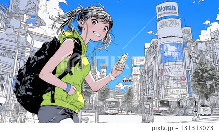 スマホの地図アプルを頼りに目的地に向かって歩いている女性：歩きスマホ