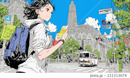 スマホの地図アプルを頼りに目的地に向かって歩いている女性：歩きスマホ