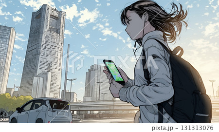 スマホの地図アプルを頼りに目的地に向かって歩いている女性：歩きスマホ