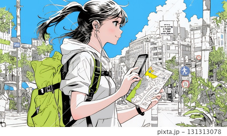 スマホの地図アプルを頼りに目的地に向かって歩いている女性：歩きスマホ