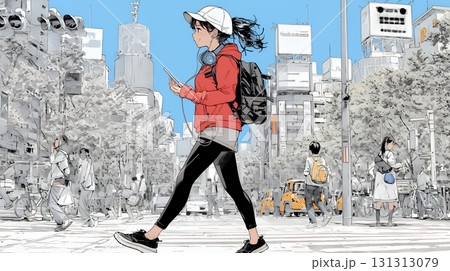 スマホの地図アプルを頼りに目的地に向かって歩いている女性：歩きスマホ