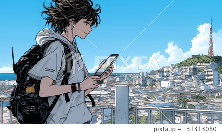 スマホの地図アプルを頼りに目的地に向かって歩いている女性:歩きスマホ スマホの地図アプルを頼りに目的地に向かって歩いている女性:歩きスマホ 131313080