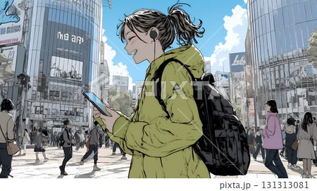 スマホの地図アプルを頼りに目的地に向かって歩いている女性:歩きスマホ スマホの地図アプルを頼りに目的地に向かって歩いている女性:歩きスマホ 131313081