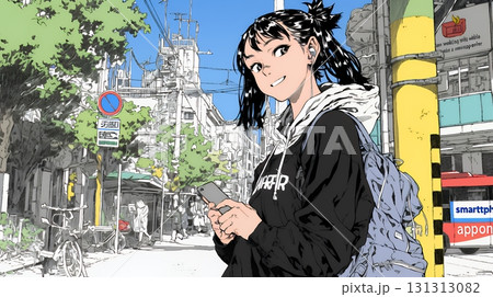 スマホの地図アプルを頼りに目的地に向かって歩いている女性：歩きスマホ