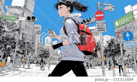 スマホの地図アプルを頼りに目的地に向かって歩いている女性：歩きスマホ