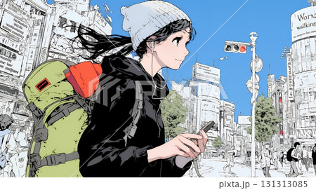 スマホの地図アプルを頼りに目的地に向かって歩いている女性：歩きスマホ